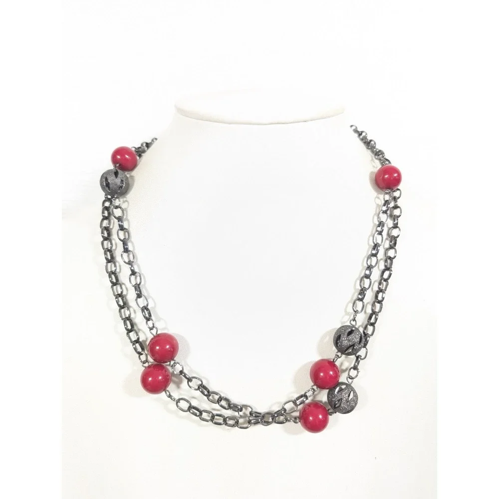 Gunmetal Filigree Ball Pink Bead Layering Necklace Goth Boho Y2K‎ 42 inch